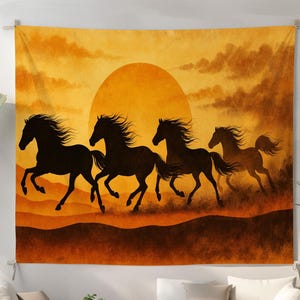 Wild Horse Sunset Tapestry – Boho Desert Wall Hanging, Western Silhouette Art, Running Horses at Dusk, Rustic Nature Decor for Living Room