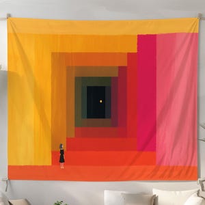 May include: A large wall tapestry featuring an abstract design with a series of colorful, nested rectangles in shades of yellow, orange, and pink. A small figure in a black dress stands at the base of the steps leading into a dark square. The artwork is a vibrant piece of home decor.