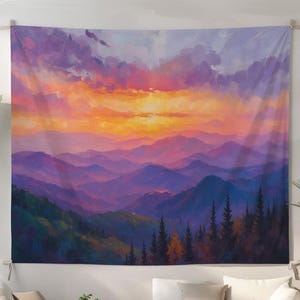 Sunset Mountain Landscape Tapestry – Vibrant Forest Wall Hanging, Soft Nature Art For Bedroom, Scenic Gift For Nature Lovers And Hikers