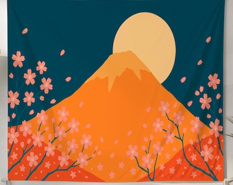 富士山桜タペストリー：日本の壁掛けラグ、ボヘミアン風インテリア 