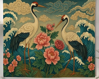 Japanese Crane Floral Tapestry Polyester Wall Hanging Traditional Art Print