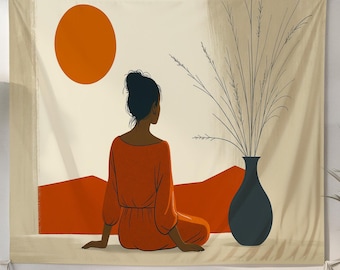 Arazzo minimalista con donna al tramonto - Serene Boho Wall Art, decorazione per la casa nei toni della terra