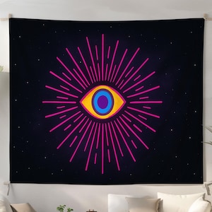 Trippy Evil Eye Wall Tapestry – Neon Third Eye Psychedelic Art, Spiritual Boho Decor for Meditation Room, Dorm, or Sacred Space