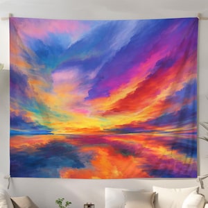 May include: A large, rectangular tapestry featuring an abstract landscape painting. The artwork showcases a vibrant sky with hues of blue, purple, orange, and yellow, reflected in a mirrored lower section. The tapestry is hung on a white wall.
