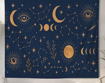 Celestial Constellation Tapestry with Gold Moon Phases – Mystic Star Map Wall Hanging for Astrology, Witchy Decor, or Cosmic Boho Vibe