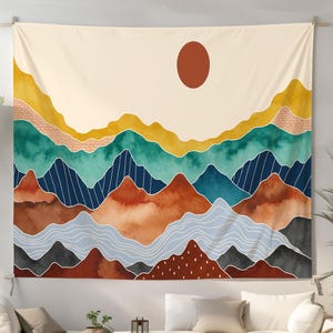 Abstract Mountain Tapestry – Earth Tone Wall Hanging, Boho Landscape Wall Art, Minimalist Nature Decor, Neutral Sunset Gift For Him or Her