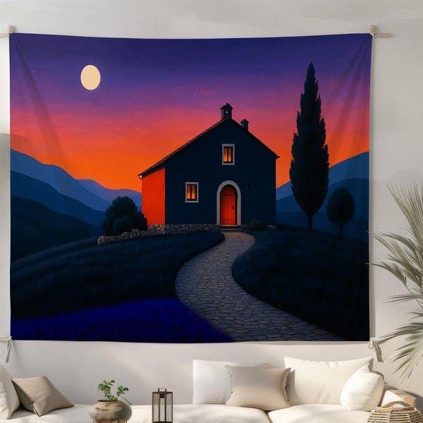 Haus mit Sonnenuntergang Wandbehang - Gemütliche Landschaft Wohnkultur, Mondnacht Wandkunst, Landschaftsbild für Wohnzimmer oder Schlafzimmer