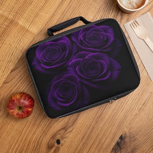 Elegant Floral Lunch Bag with Purple Roses Stylish Picnic Tote, Back to School, Work Bag, Eco-Friendly Insulated Carryall