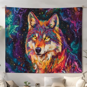 カラフルな宇宙の狼の壁掛けタペストリー、リビングルーム用の鮮やかなギャラクシーウルフアート、サイケデリックな動物の装飾、ボヘミアンスピリットウルフタペストリー