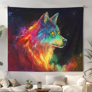 カラフルな宇宙の狼の壁掛けタペストリー、寝室用の鮮やかなギャラクシーウルフアート、サイケデリックな動物の装飾、スピリットウルフの壁掛けタペストリー
