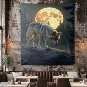 Majestic Wolf Tapestry with Full Moon Design - Forest Wall Hanging Décor for Living Room, Bedroom, or Office - Multi-Sized Polyester Fabric
