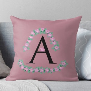 Funda de almohada personalizada con monograma Mauve 'A', funda de cojín floral personalizada, elegante acento de sofá, almohada decorativa única