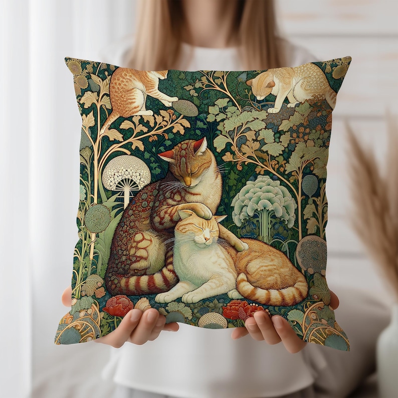 Arts & Crafts Style Cat Cushion - Vintage Feline Throw Pillow Cover - Decorative Sofa Accessory image 8