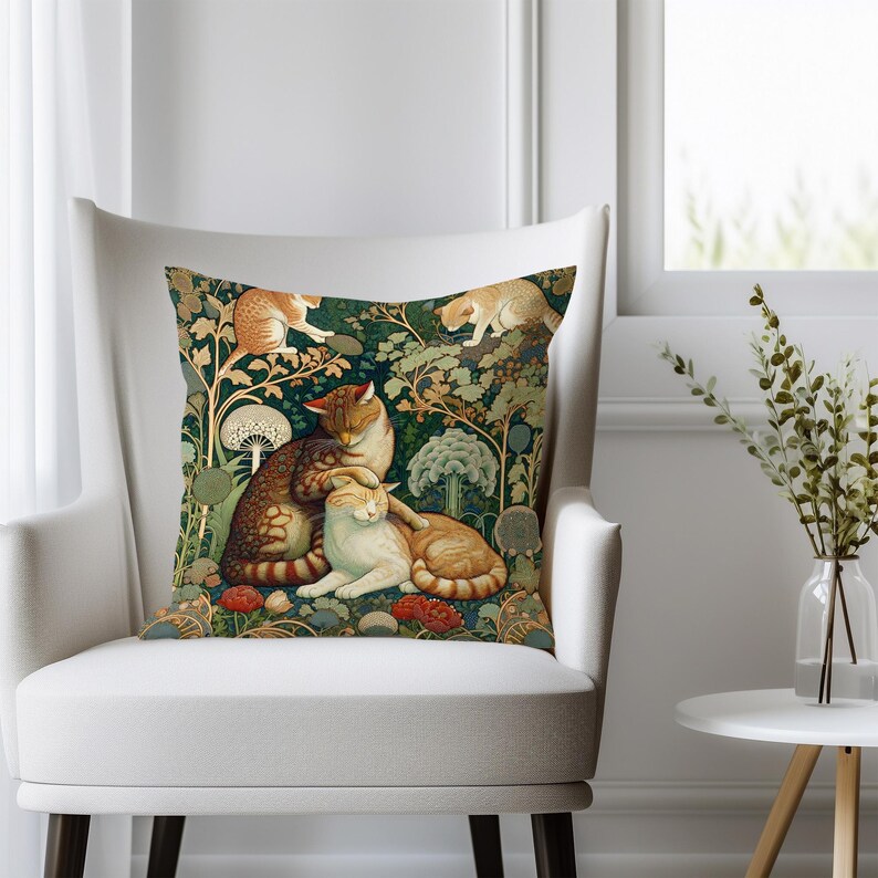 Arts & Crafts Style Cat Cushion - Vintage Feline Throw Pillow Cover - Decorative Sofa Accessory image 7