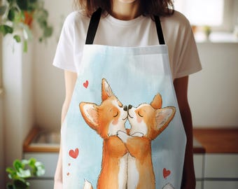 Corgi Love Apron for Adults & Kids – Adorable Dog Print Kitchen Apron – Cotton Linen Polyester Blend – Gift for Pet Lovers