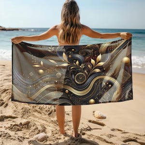 Elegant Sand-Free Quick-Dry Microfiber Beach Towel –Large Lightweight Towel with Gold and Navy Design for Travel, Pool and Summer Adventures