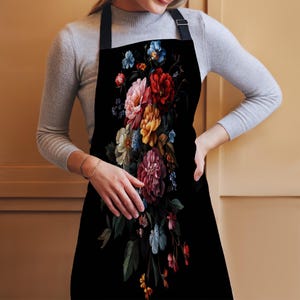 Elegant Floral Kitchen Apron for Adults – Black Apron with Colorful Flower Design – Adjustable, Stylish, Perfect Gift for Chefs & Bakers