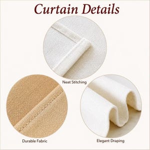 May include: Curtain Details graphic featuring three circular insets. Top shows off-white fabric with neat stitching. Bottom left displays tan fabric with visible seams. Bottom right shows off-white fabric with soft, folded, and wavy draping.
