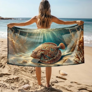 Flounder Sand-Free Quick-Dry Microfiber Beach Towel–Large Lightweight Towel with Artistic Ocean Design for Pool, Travel and Beach Adventures