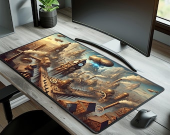 Steampunk Gaming Desk Mat XXL, Large Mousepad for PC, Big Gaming Mouse Pad, Fantasy Art Desk Setup, Extra Large Desk Mat