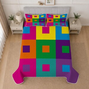 Colorful Geometric Quilt Set, Rainbow Square Patchwork Bedding, Retro Color Block Bedspread, Modern Abstract Quilt, Vibrant Bedroom Decor