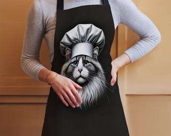 Delantal de chef con diseño de gato, divertido delantal de cocina, ajustable, negro, gris y blanco.