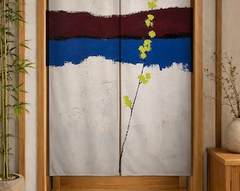 Abstract Noren Curtain, Modern Minimalist Door Curtain, Blue Burgundy Wall Art, Wabi Sabi Room Divider, Botanical Japandi Home Decor