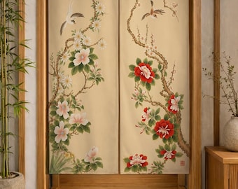 Japanese Floral Noren Curtain, Crane Bird Doorway Curtain, Vintage Botanical Room Divider, Asian Flower Decor, One Side Printed