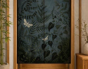 Dark Botanical Noren Curtain, Moth Fern Doorway Curtain, Moody Forest Room Divider, Gothic Nature Wall Decor, Vintage Botanical Art