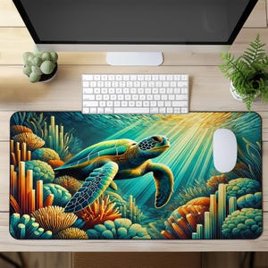 May include: A green and blue sea turtle swims through a colorful underwater scene with coral reefs and sunlight. This design is printed on a mousepad.