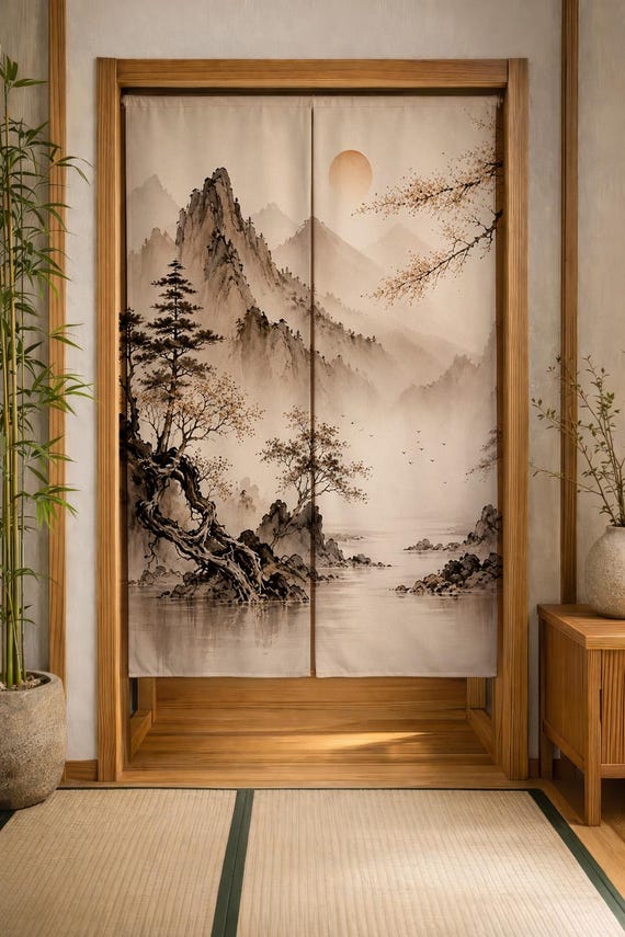 Japanese Mountain Noren Curtain, Ink Wash Landscape Doorway Curtain, Zen Nature Room Divider, Asian Wall Decor, One Side Printed
