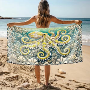 Yellow Octopus Sand-Free Quick-Dry Microfiber Beach Towel – Large Lightweight Towel with Elegant Ocean and Floral Design for Pool and Beach