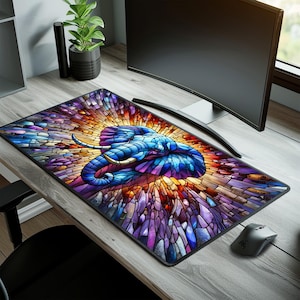 Stained Glass Elephant Desk Mat – Large Mouse Pad, Gaming Desk Pad | Non-Slip & Waterproof