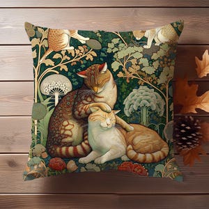 Arts & Crafts Style Cat Cushion - Vintage Feline Throw Pillow Cover - Decorative Sofa Accessory image 4