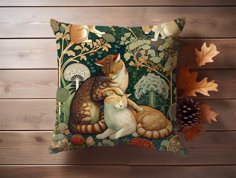 Arts & Crafts Style Cat Cushion - Vintage Feline Throw Pillow Cover - Decorative Sofa Accessory image 4