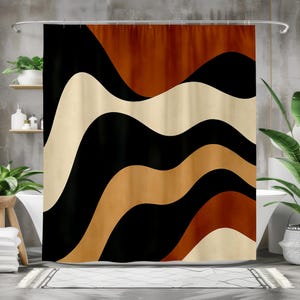 Abstrakt vågigt duschdraperi, badrumsinredning i mitten av århundradet, retro geometrisk baddraperi, boho abstrakt väggkonst, modernt badrum