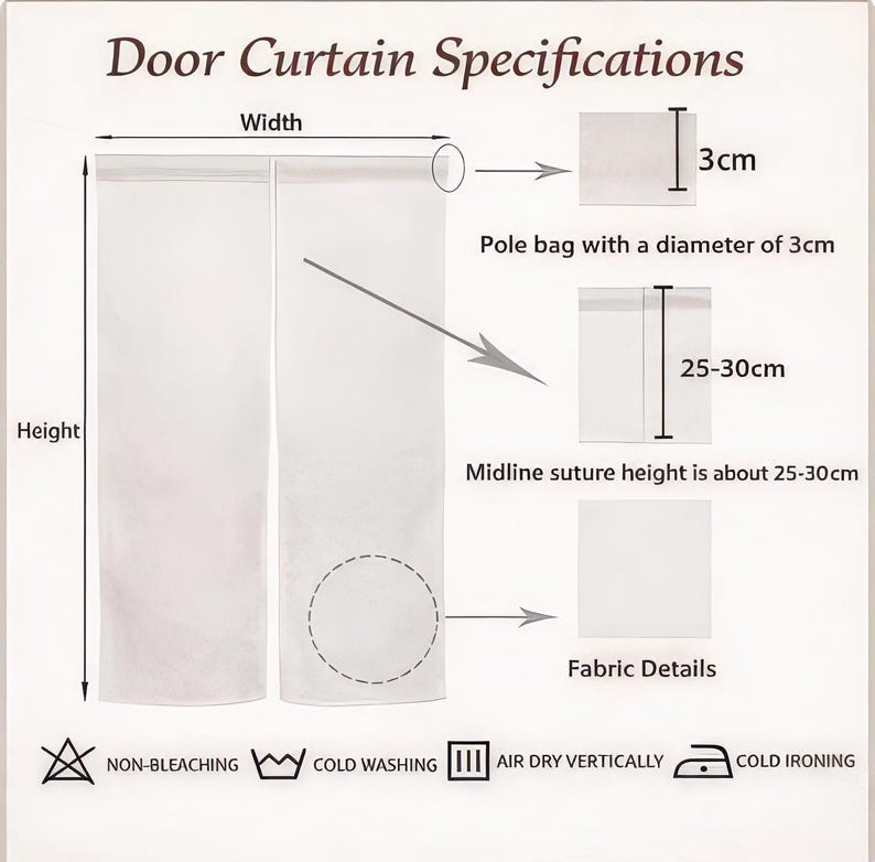 May include: A technical diagram titled Door Curtain Specifications showing a split door curtain with a 3cm pole bag diameter, a 25-30cm midline suture height, and fabric details. Care icons include non-bleaching, cold washing, air dry vertically, and cold ironing.