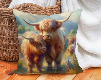 Highland Cow Art Pillow Cover - Multiple Sizes Available - Decorative Cushion Cover for Couch or Bed, Perfect for Living Room or Bedroom