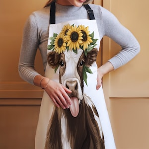 Funny Cow Apron with Sunflower Crown for Adults & Kids - Whimsical Farm Animal Kitchen Apron - Perfect for Cooking, Baking, and Grilling
