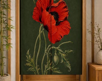 Tenda Noren con papaveri rossi, tenda per porta botanica verde scuro, divisorio floreale vintage, decorazione floreale in stile cottagecore, tenda giapponese da appendere alla porta.