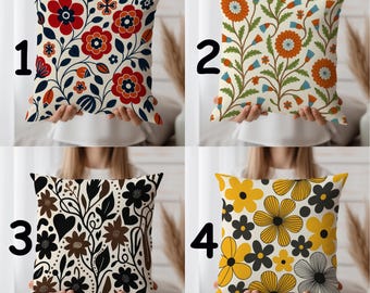 Retro Floral Cushion Cover – Double Sided Print | Mid-Century Modern Pillow | Colorful Boho Home Décor