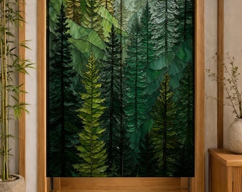 Forest Noren Curtain, Evergreen Mountain Door Curtain, Stained Glass Nature Room Divider, Woodland Decor, One Side Printed Panel