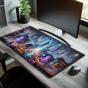 XXL Gaming Mouse Pad - Large Desk Mat - Big Gaming Mousepad - Extended Cyberpunk Desk Pad - Cool Neon City Desk Accessory