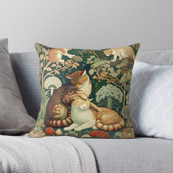 Arts & Crafts Style Cat Cushion - Vintage Feline Throw Pillow Cover - Decorative Sofa Accessory