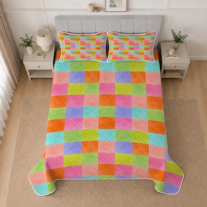 Colorful Checkered Quilt Set, Pastel Rainbow Bedding, Retro Gingham Bedspread, Pink Orange Green Plaid Quilt, Dopamine Bedroom Decor Gift