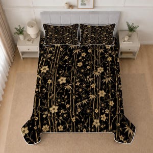 Black Botanical Quilt Bedding Set, Vintage Floral Bamboo Bedspread with Matching Pillow Covers, Elegant Asian Inspired Bedroom Decor