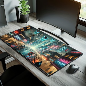 Tapis de bureau Cyberpunk XXL - Grand tapis de souris de jeu - Grand tapis de souris étendu pour les joueurs - Configuration de bureau esthétique et cool
