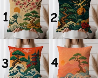 Japanese Wave Cushion Cover – Double Sided Print | Vintage Ukiyo-e Art Pillow | Asian Landscape Decor | Zen Home Gift