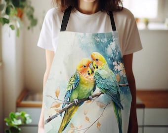 Lovebirds Apron - Watercolor Parrot Kitchen Apron with Floral Design,Without Pocket for Adults and Kids, Adjustable Kitchen Apron
