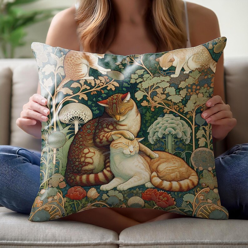 Arts & Crafts Style Cat Cushion - Vintage Feline Throw Pillow Cover - Decorative Sofa Accessory image 9